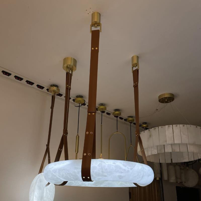Modern Alabaster Ring LED Pendant Light with Leather Strap Detail