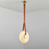 Modern Alabaster Ring LED Pendant Light with Leather Strap Detail