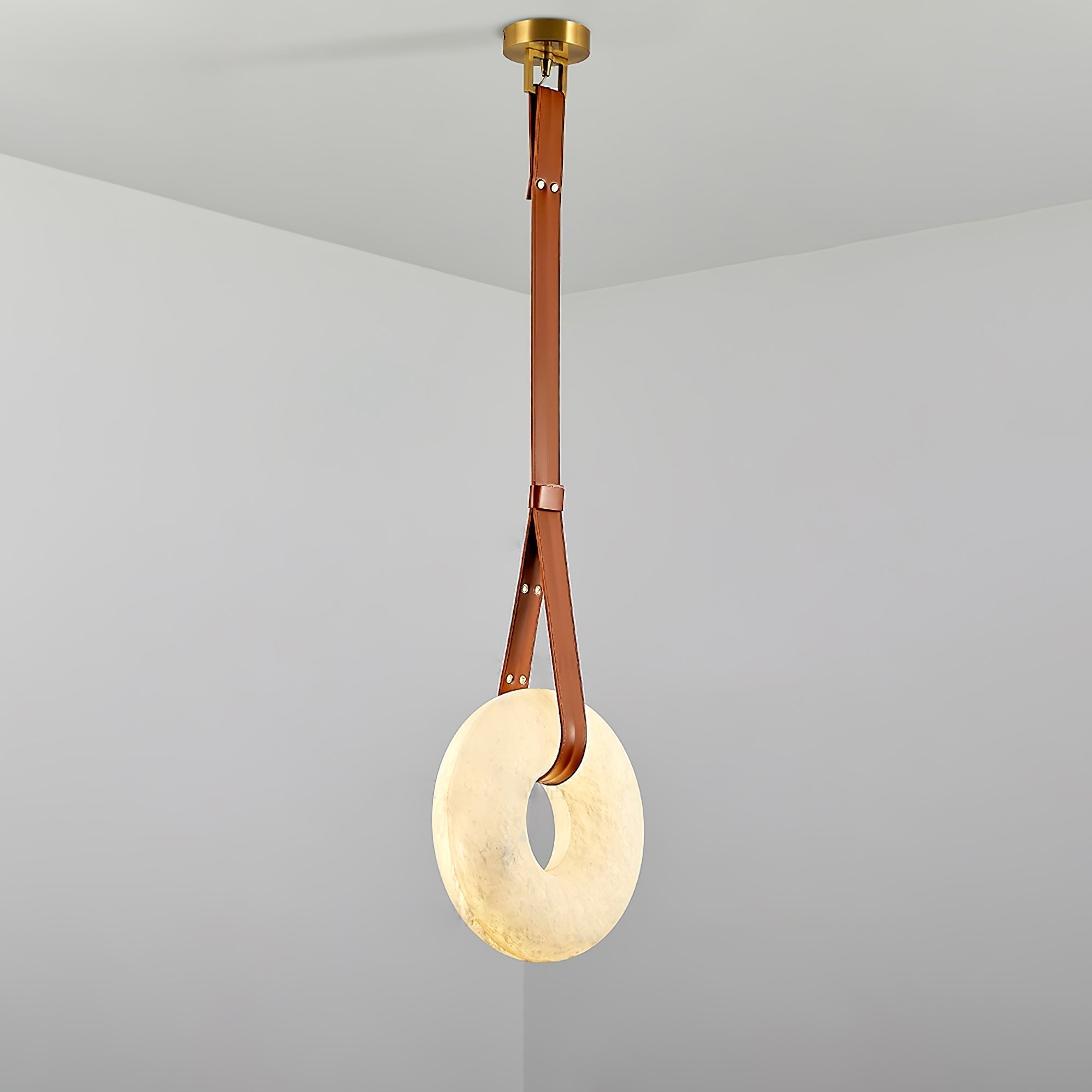Modern Alabaster Ring LED Pendant Light with Leather Strap Detail