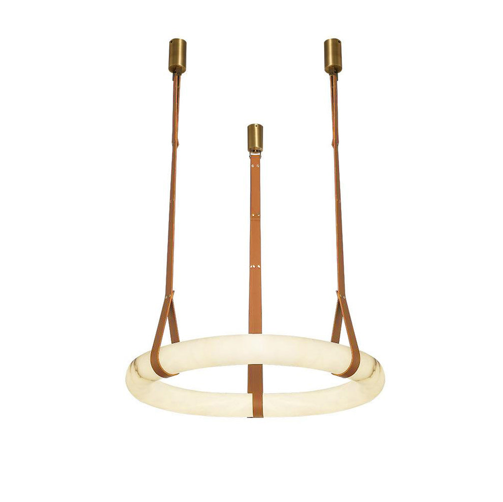Modern Alabaster Ring LED Pendant Light with Leather Strap Detail