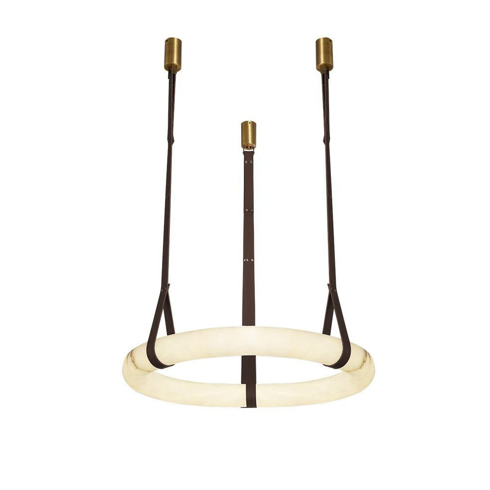 Modern Alabaster Ring LED Pendant Light with Leather Strap Detail