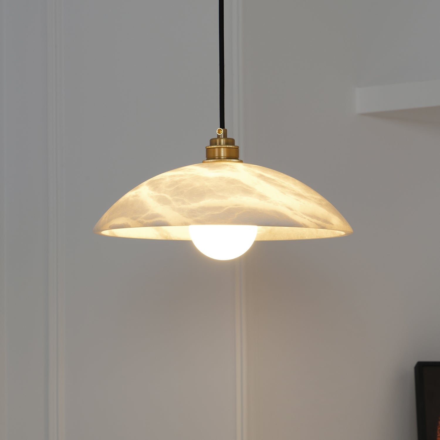 Modern Alabaster Stone Dome Pendant Light with Brass Hardware for Dining Rooms