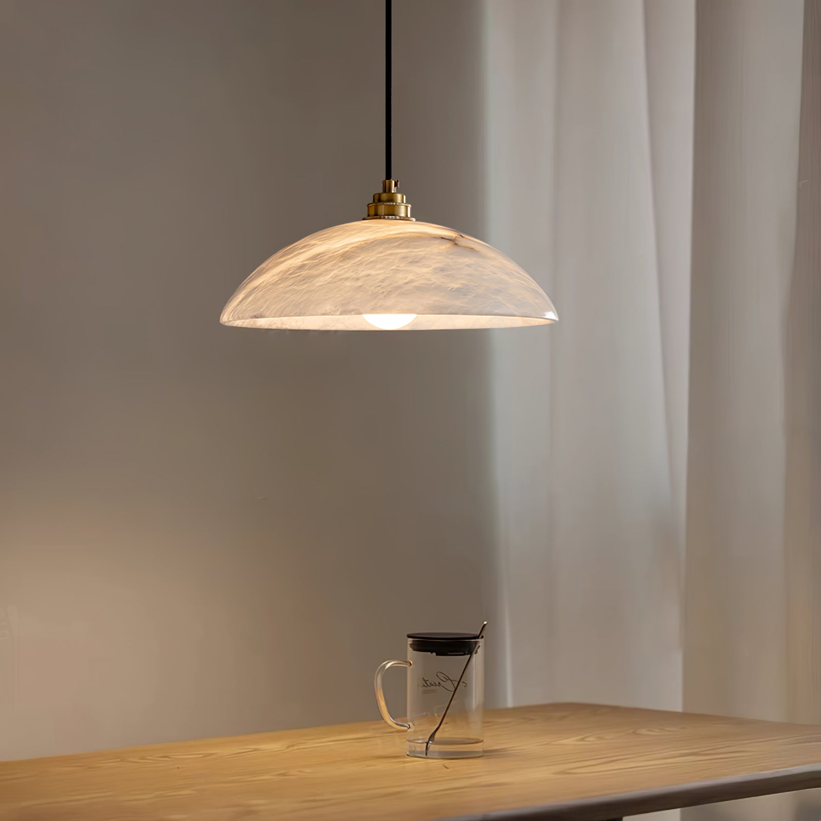 Modern Alabaster Stone Dome Pendant Light with Brass Hardware for Dining Rooms