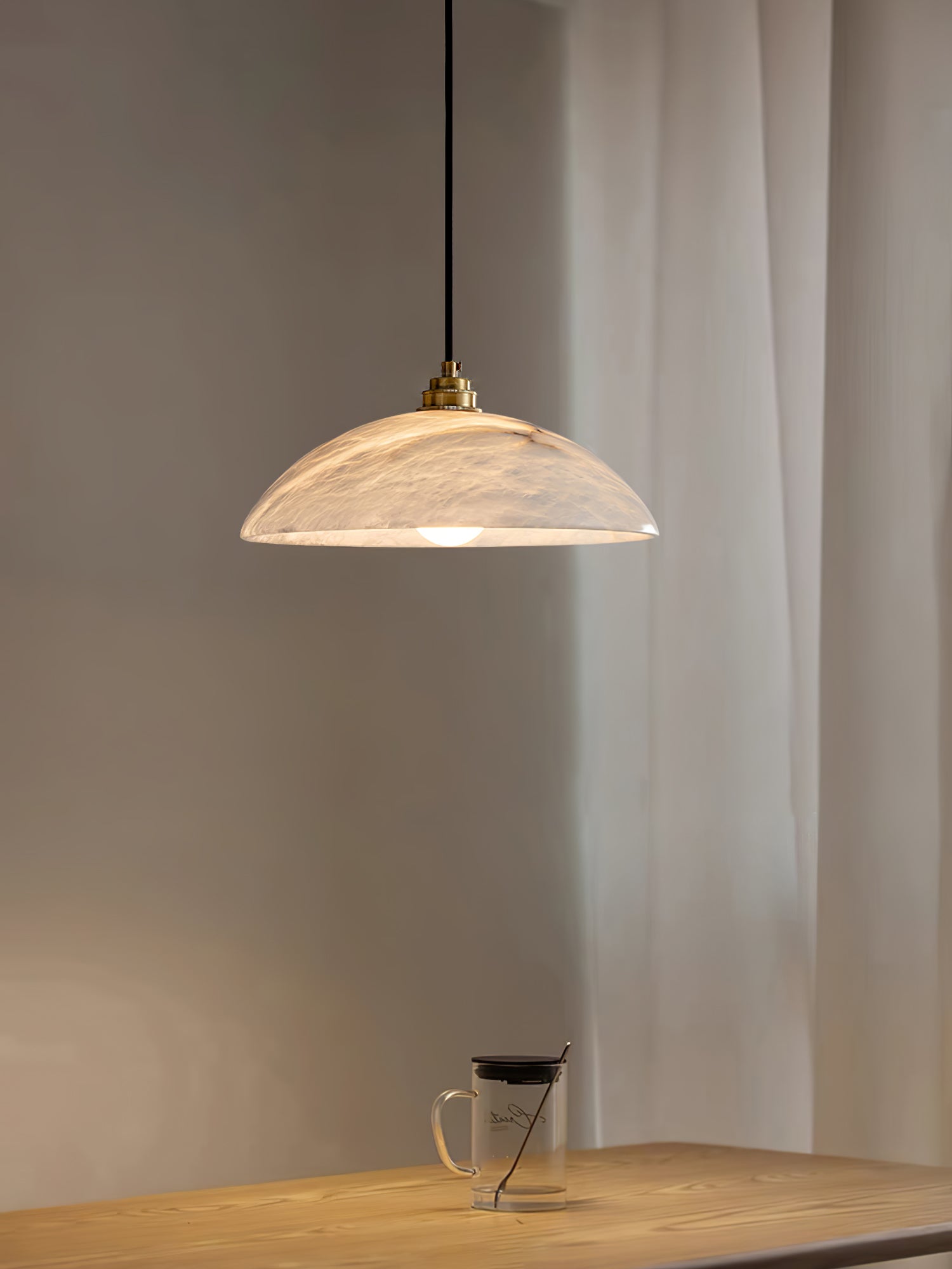 Modern Alabaster Stone Dome Pendant Light with Brass Hardware for Dining Rooms