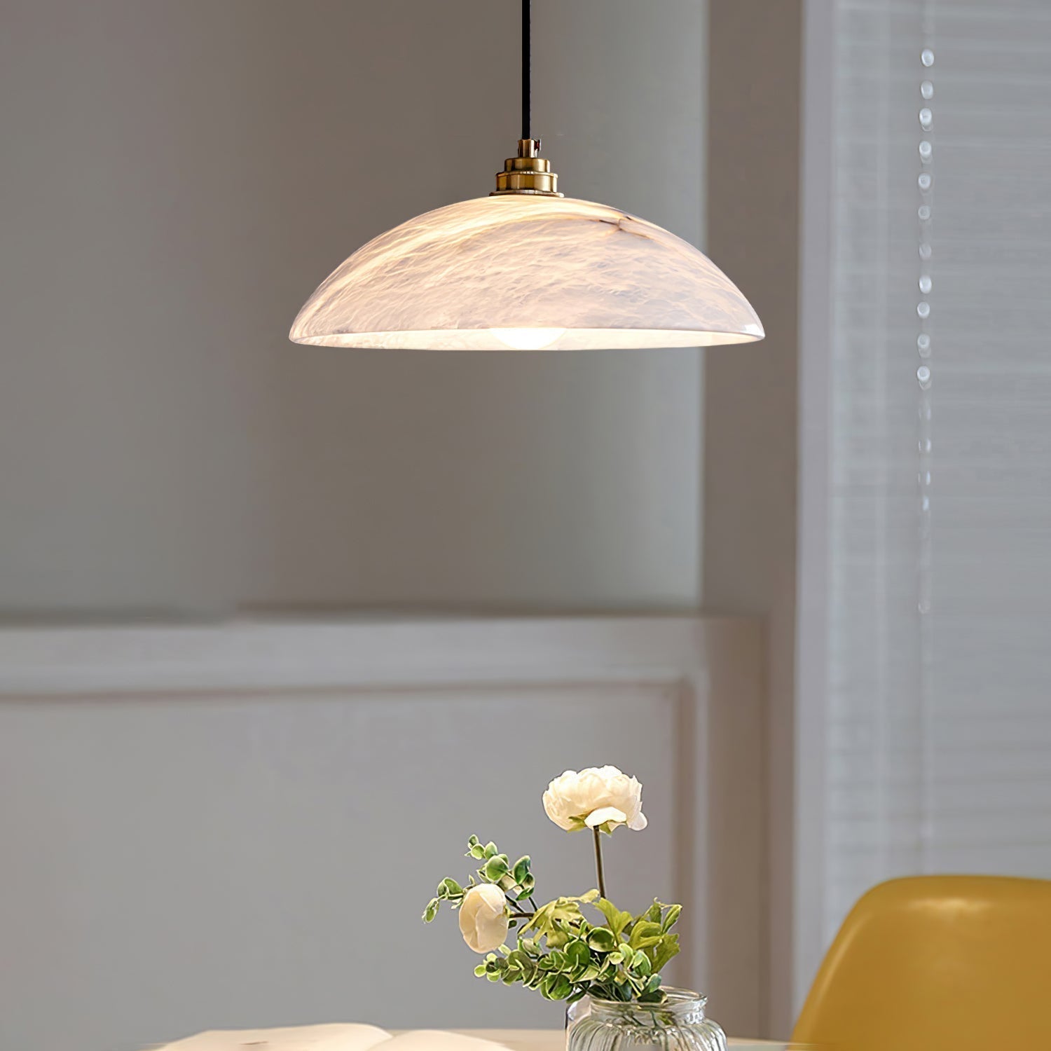 Modern Alabaster Stone Dome Pendant Light with Brass Hardware for Dining Rooms
