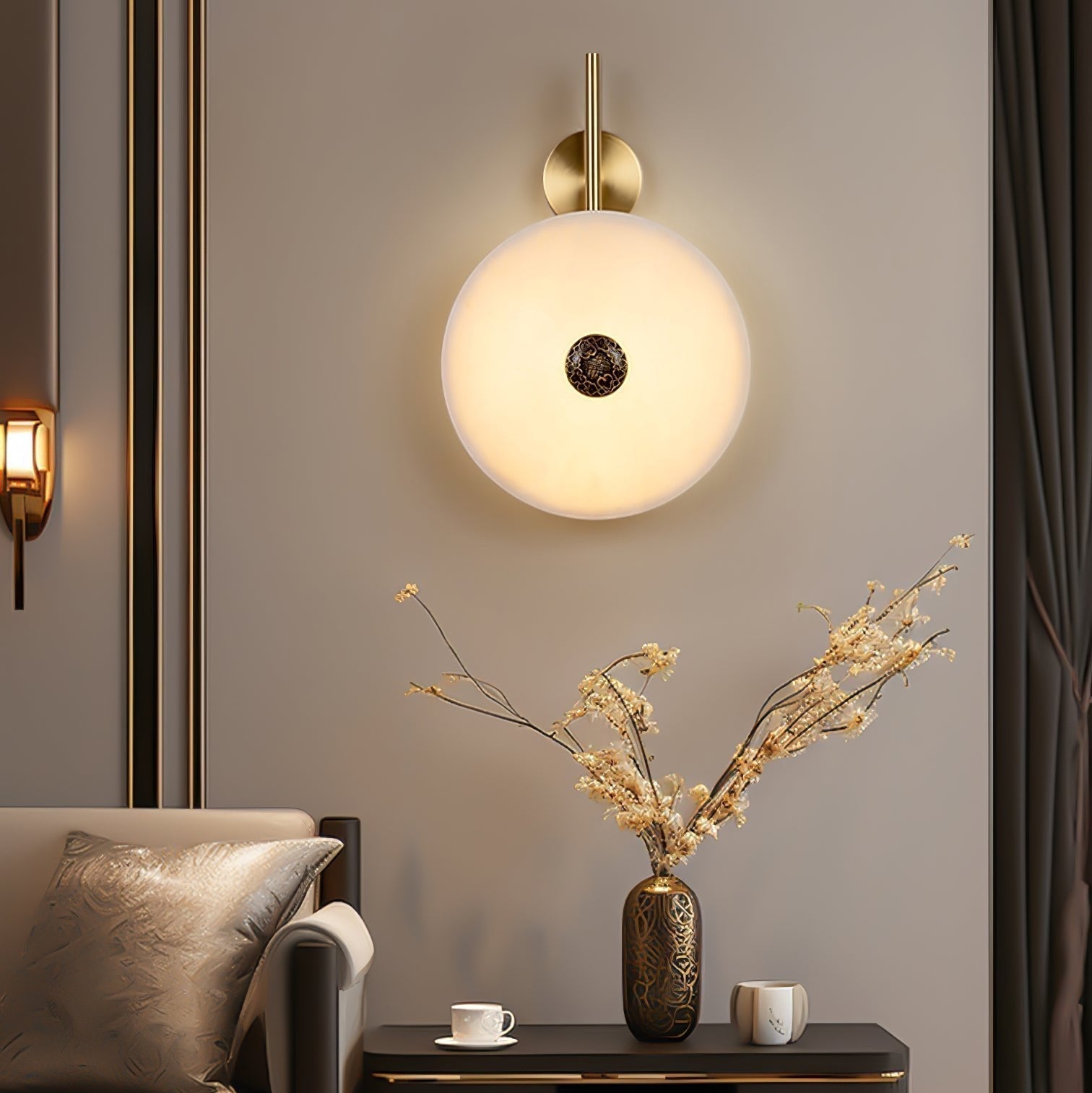 Modern Alabaster Stone Eclipse Wall Sconce with Elegant Brass Accents and Integrated LED Lighting