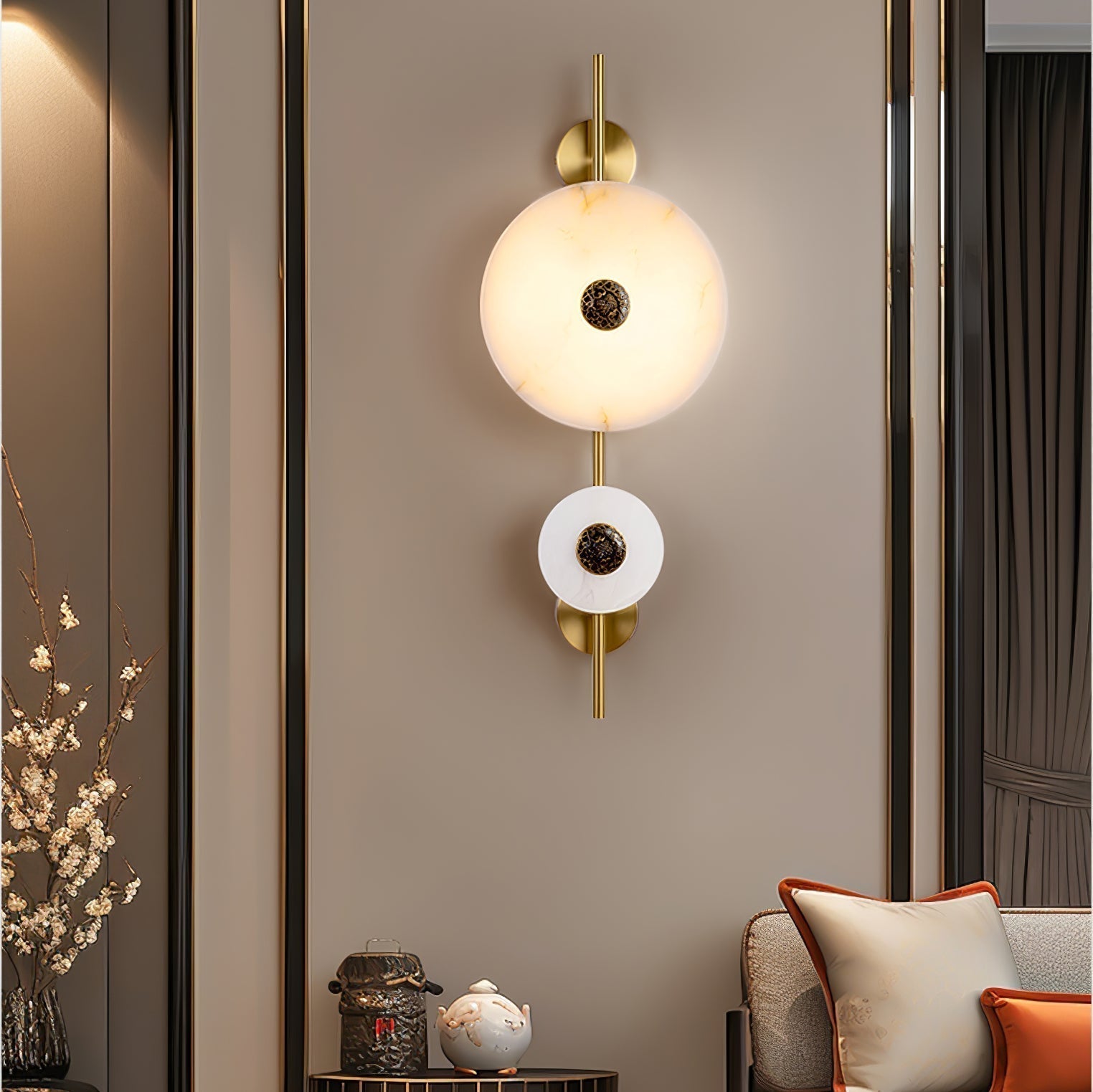Modern Alabaster Stone Eclipse Wall Sconce with Elegant Brass Accents and Integrated LED Lighting