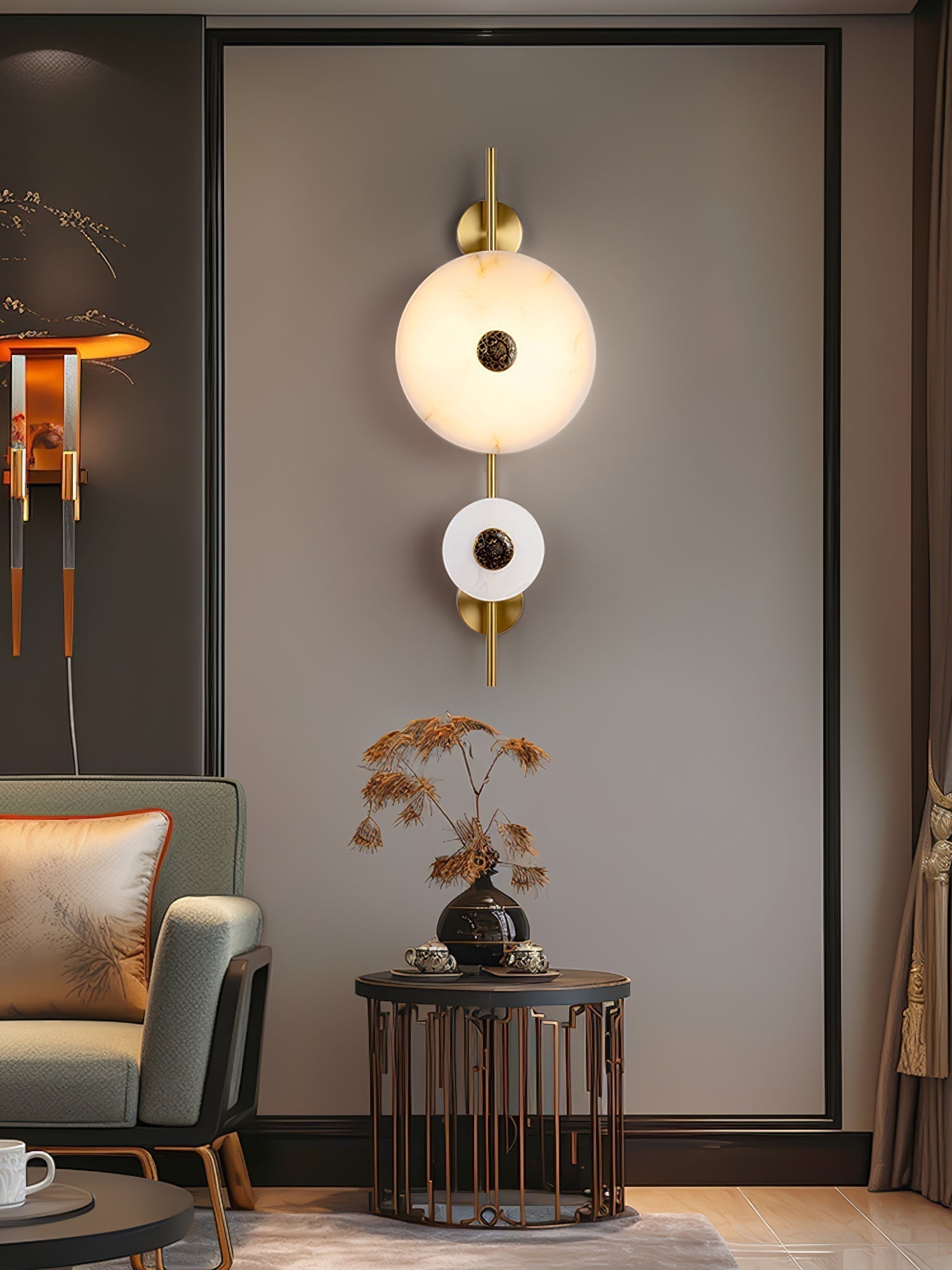 Modern Alabaster Stone Eclipse Wall Sconce with Elegant Brass Accents and Integrated LED Lighting