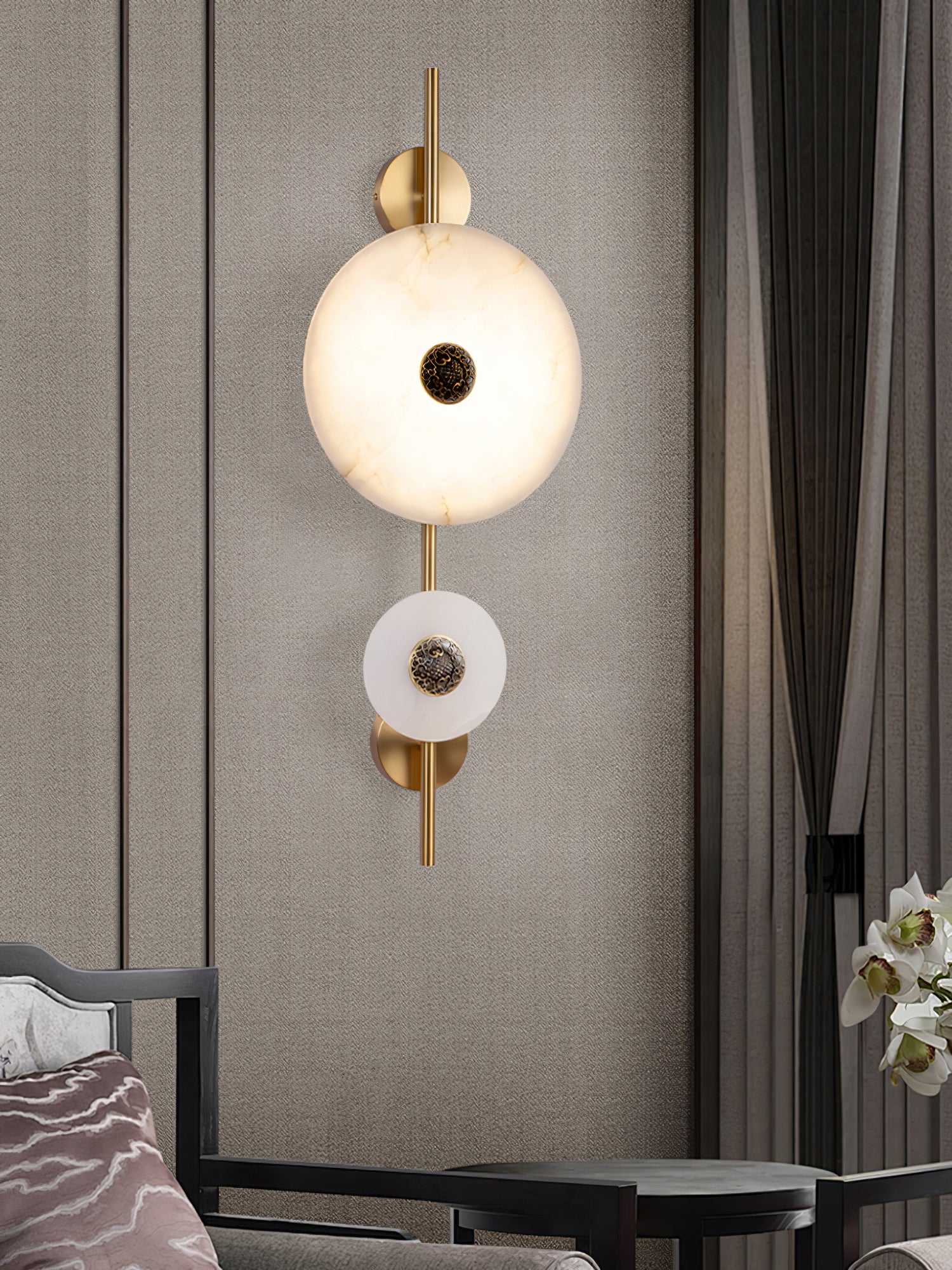 Modern Alabaster Stone Eclipse Wall Sconce with Elegant Brass Accents and Integrated LED Lighting