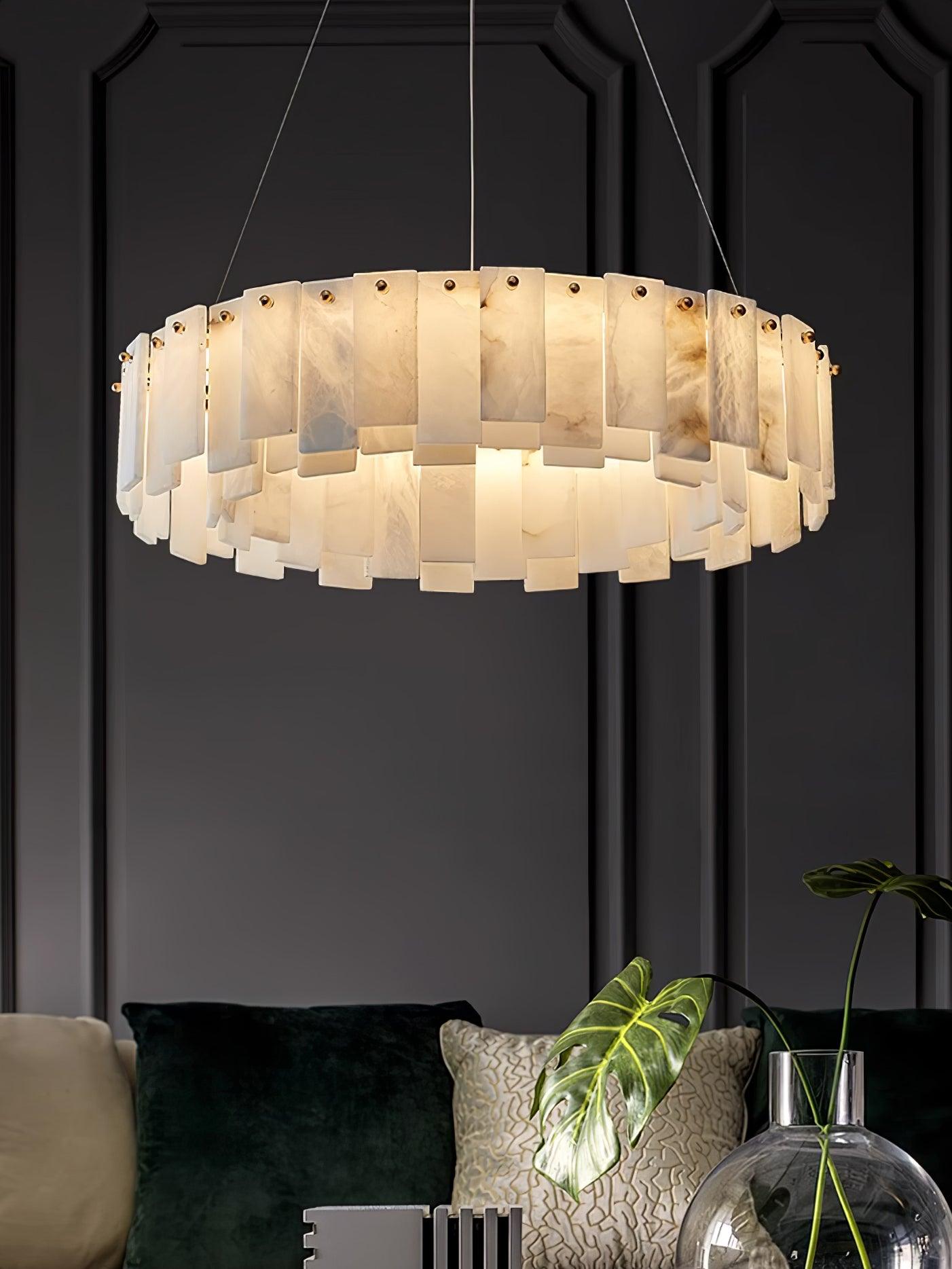 Modern Alabaster Stone Round Chandelier with Brass Accents for Luxury Interiors