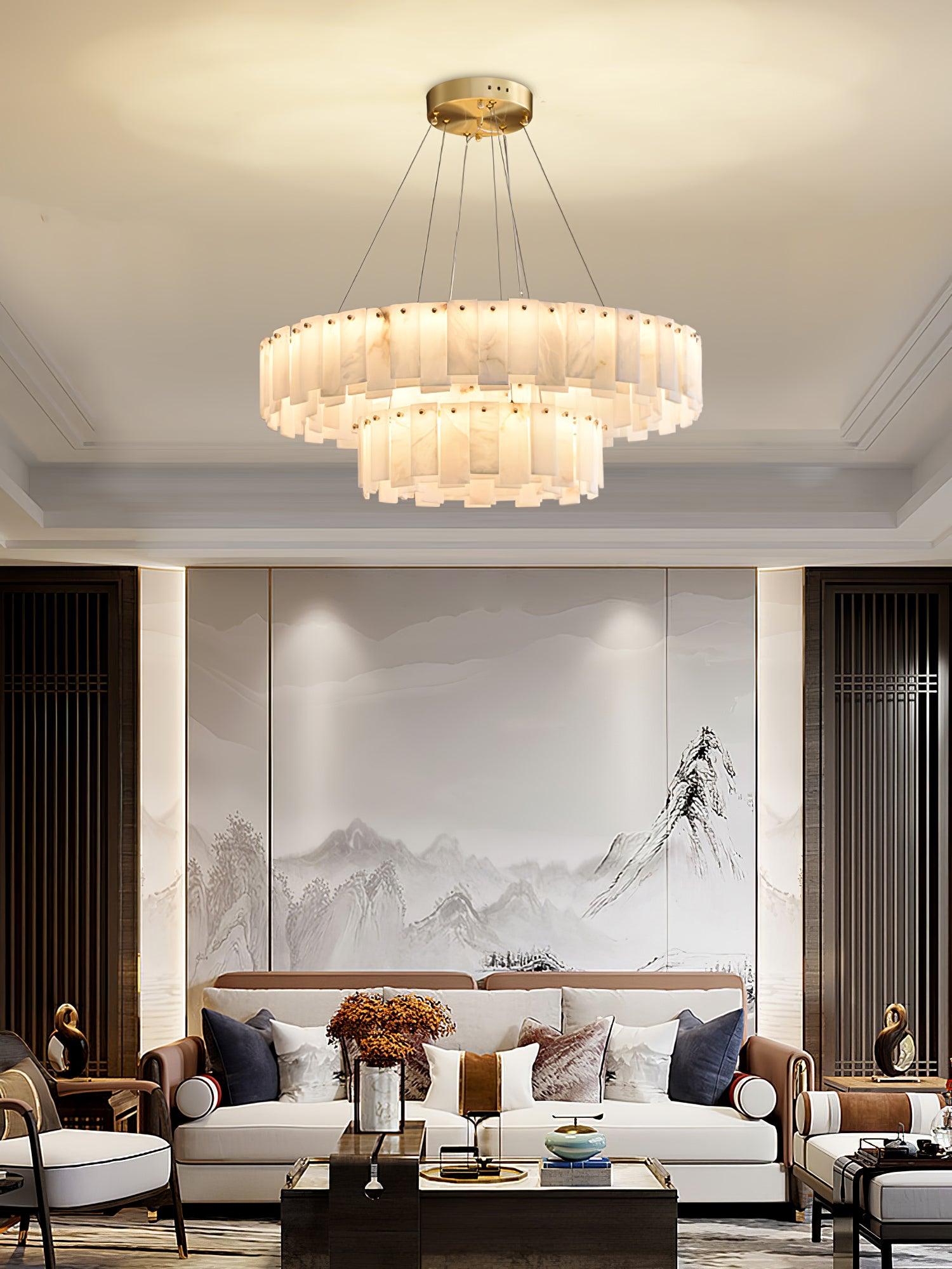 Modern Alabaster Stone Round Chandelier with Brass Accents for Luxury Interiors