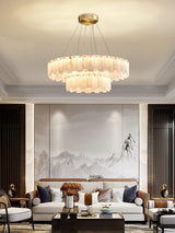 Modern Alabaster Stone Round Chandelier with Brass Accents for Luxury Interiors