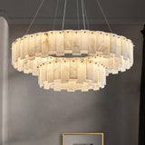 Modern Alabaster Stone Round Chandelier with Brass Accents for Luxury Interiors