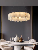 Modern Alabaster Stone Round Chandelier with Brass Accents for Luxury Interiors
