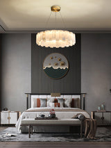 Modern Alabaster Stone Round Chandelier with Brass Accents for Luxury Interiors