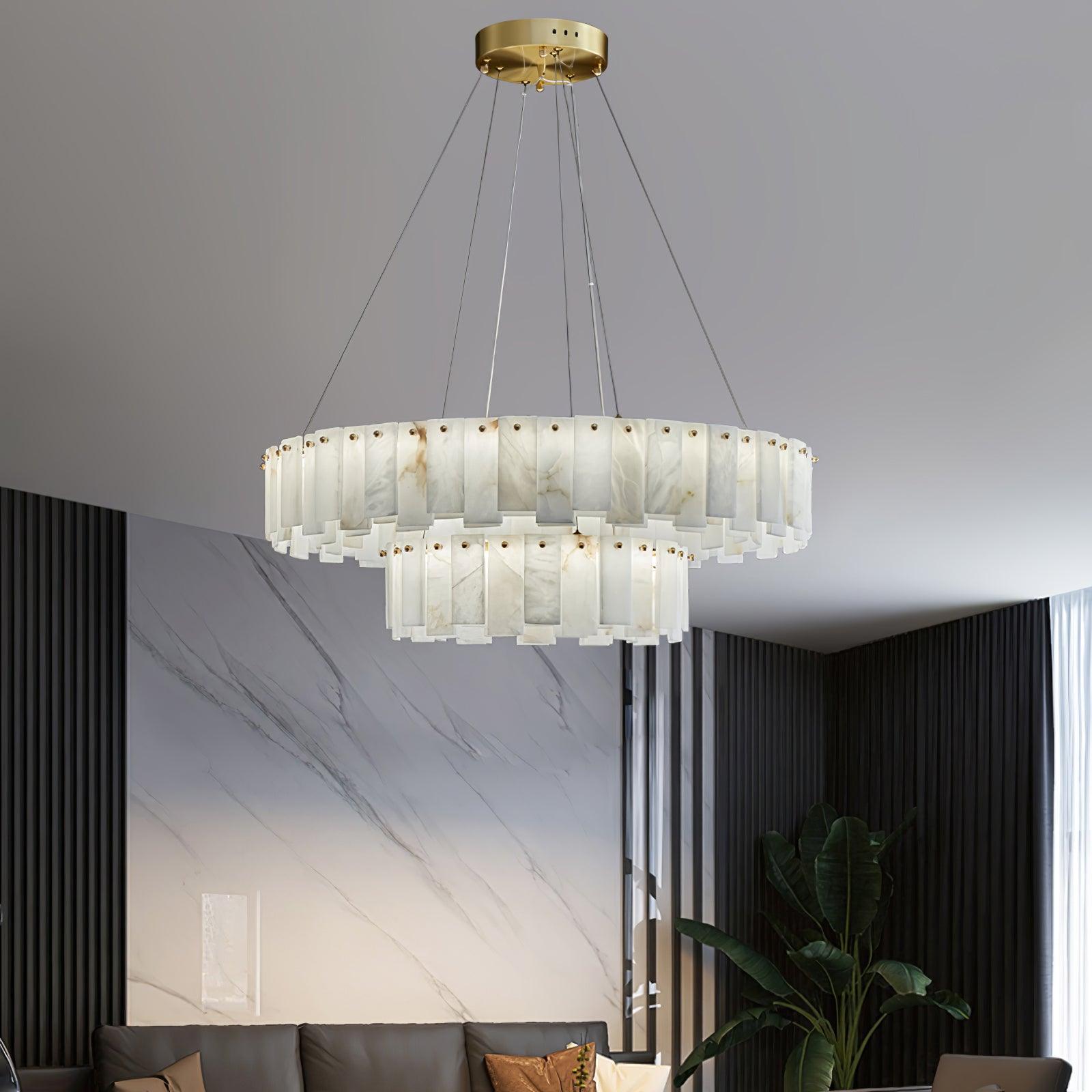 Modern Alabaster Stone Round Chandelier with Brass Accents for Luxury Interiors