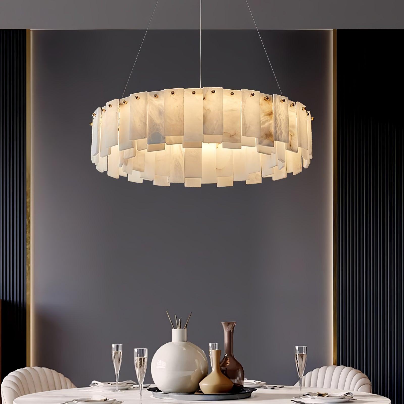 Modern Alabaster Stone Round Chandelier with Brass Accents for Luxury Interiors