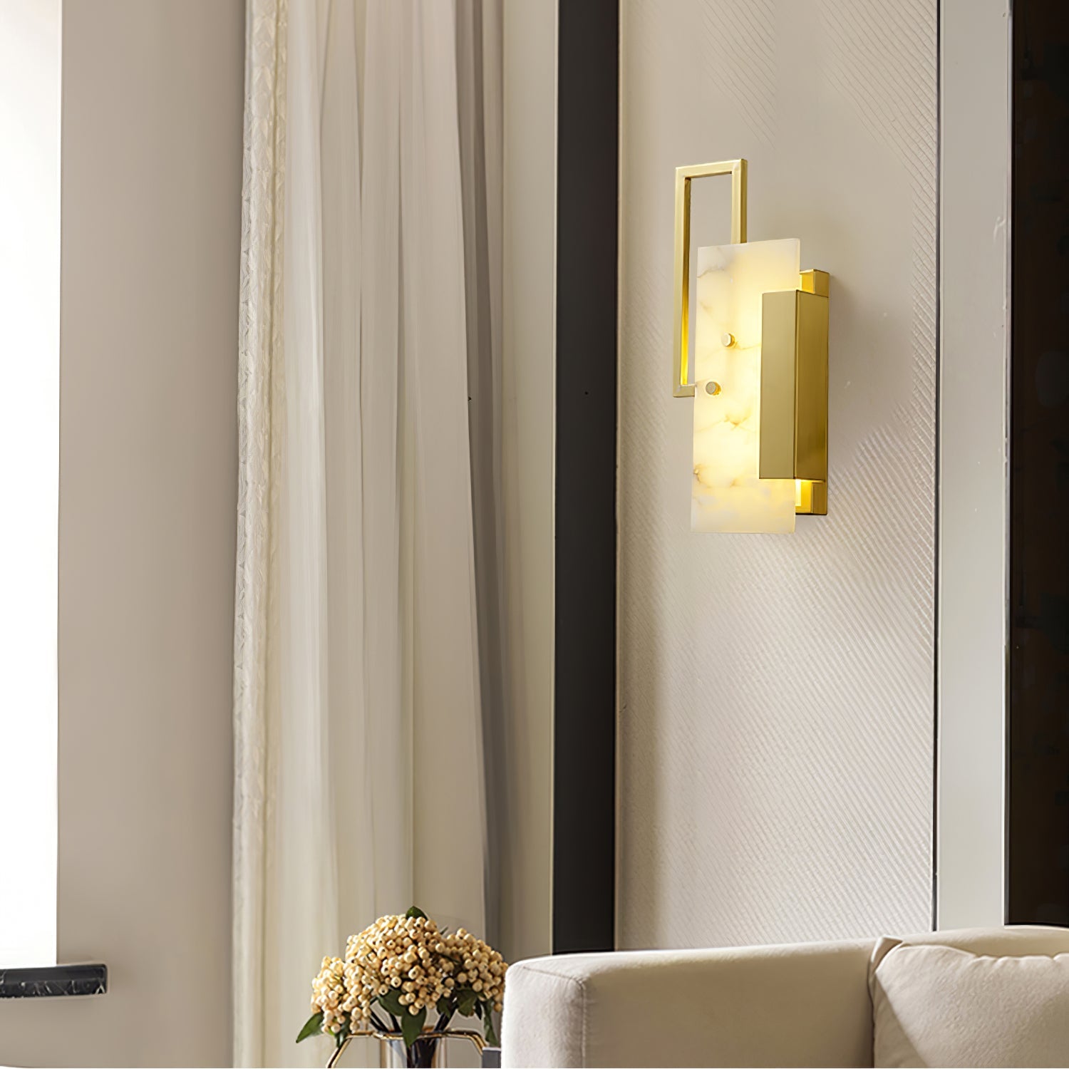 Modern Althea Alabaster LED Wall Sconce with Brass Finish for Living Room Hallway Lighting