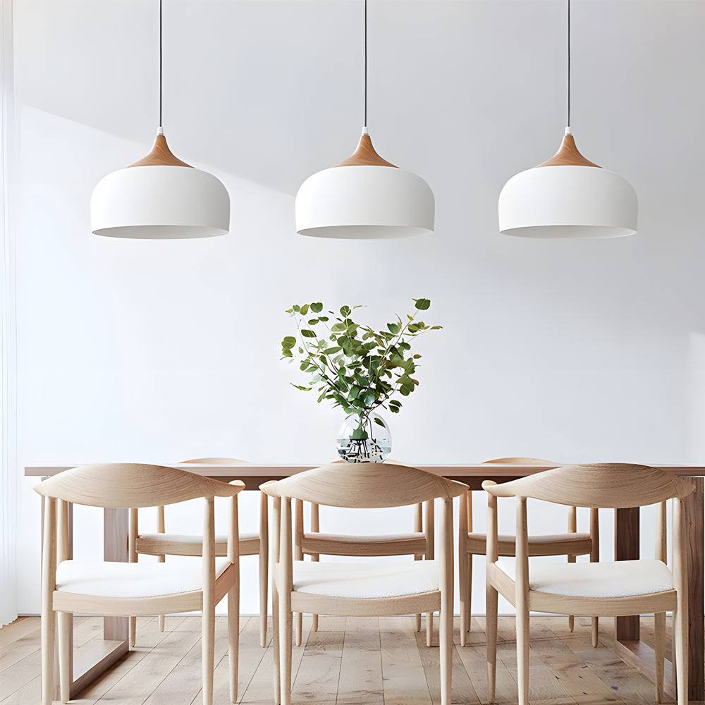 Modern Aluminum Dome Pendant Light with Wood Detail Nordic Single Light Island Fixture