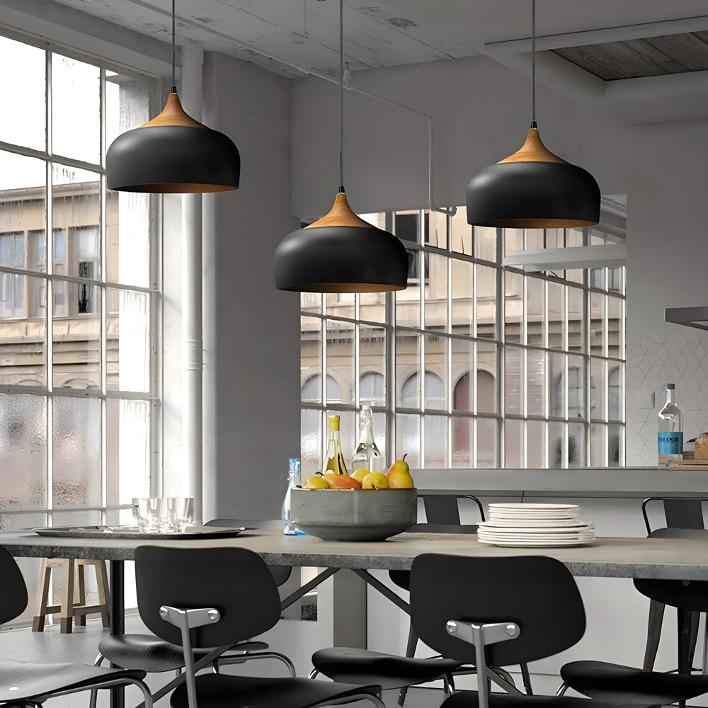 Modern Aluminum Dome Pendant Light with Wood Detail Nordic Single Light Island Fixture