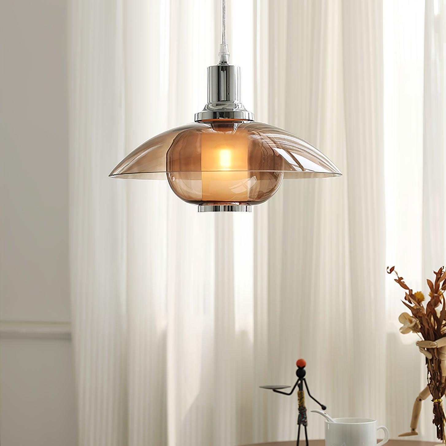Modern Amber Glass Flying Saucer Chrome Pendant Light for Dining Room