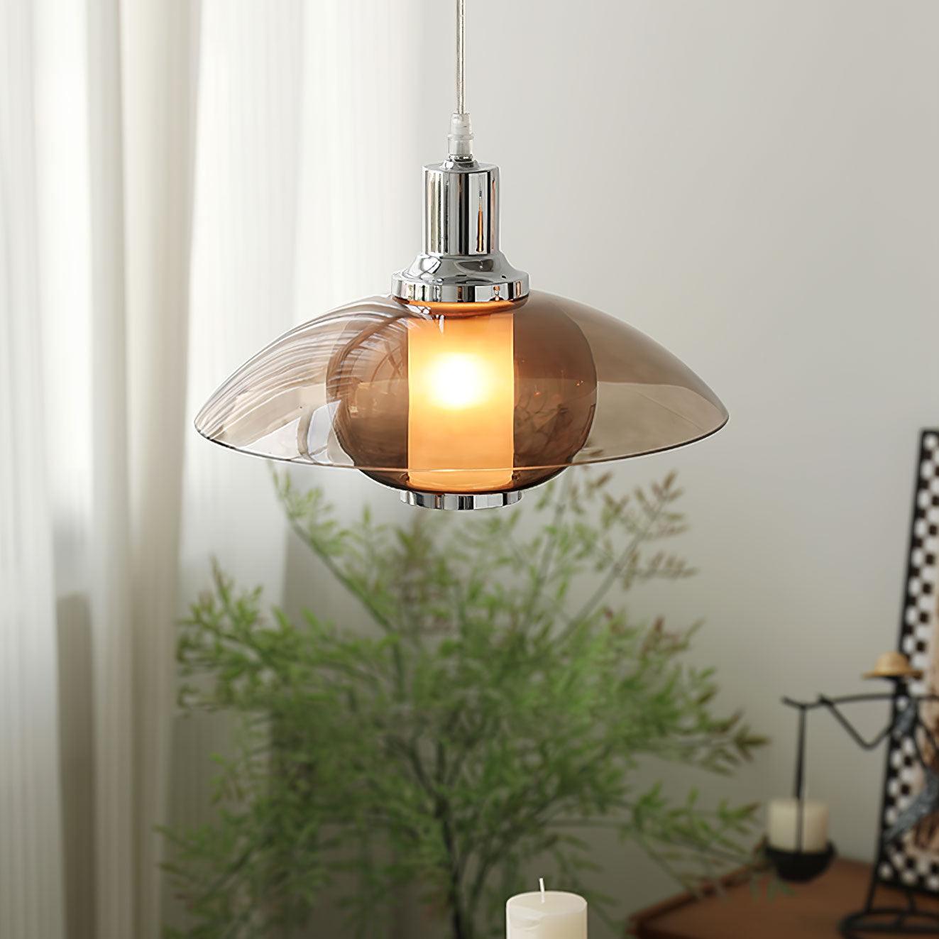 Modern Amber Glass Flying Saucer Chrome Pendant Light for Dining Room