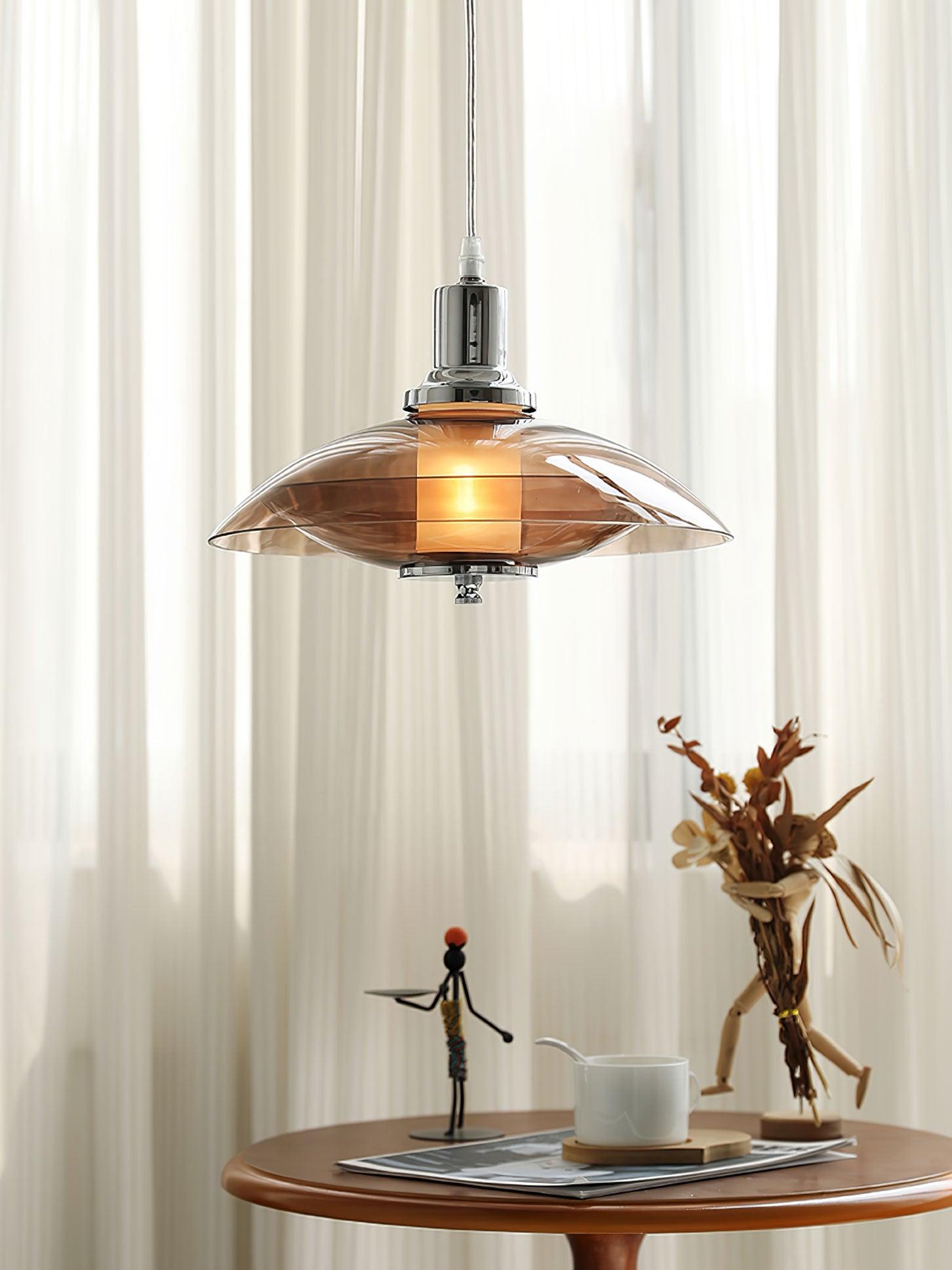 Modern Amber Glass Flying Saucer Chrome Pendant Light for Dining Room