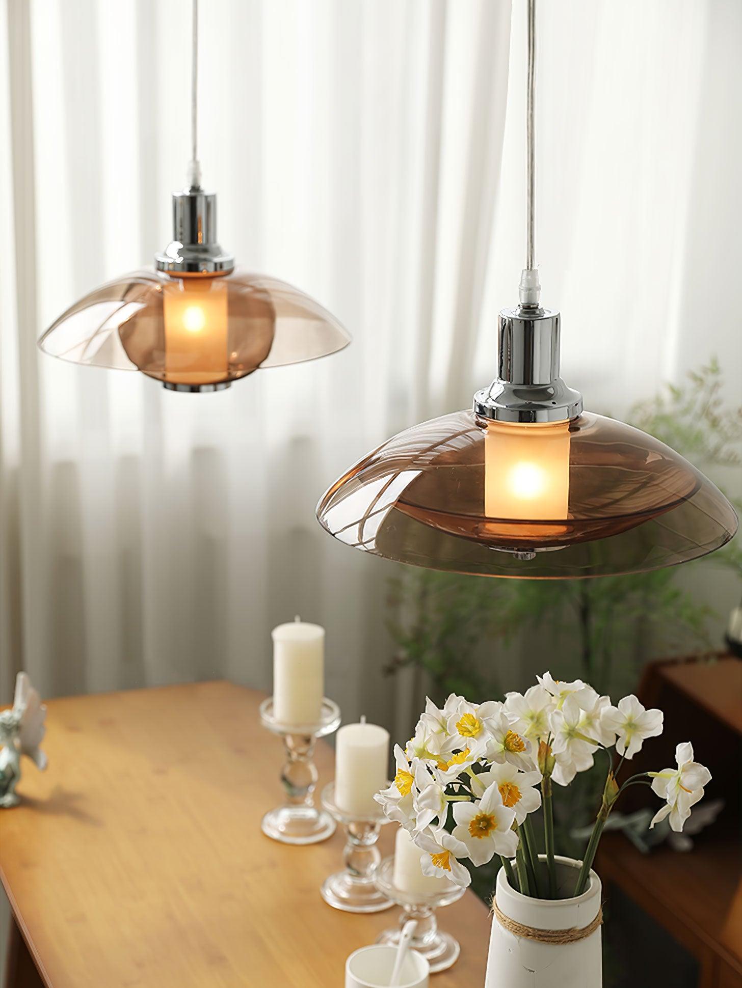 Modern Amber Glass Flying Saucer Chrome Pendant Light for Dining Room