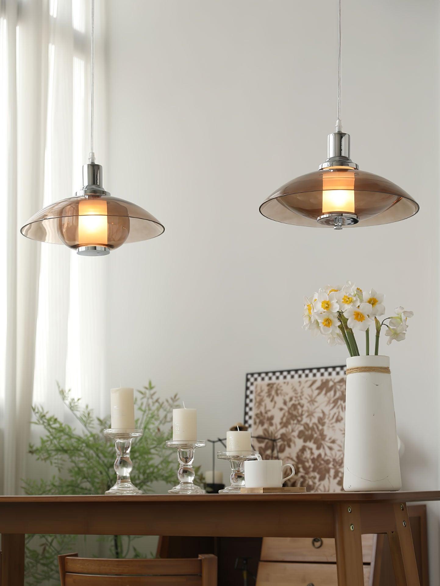 Modern Amber Glass Flying Saucer Chrome Pendant Light for Dining Room