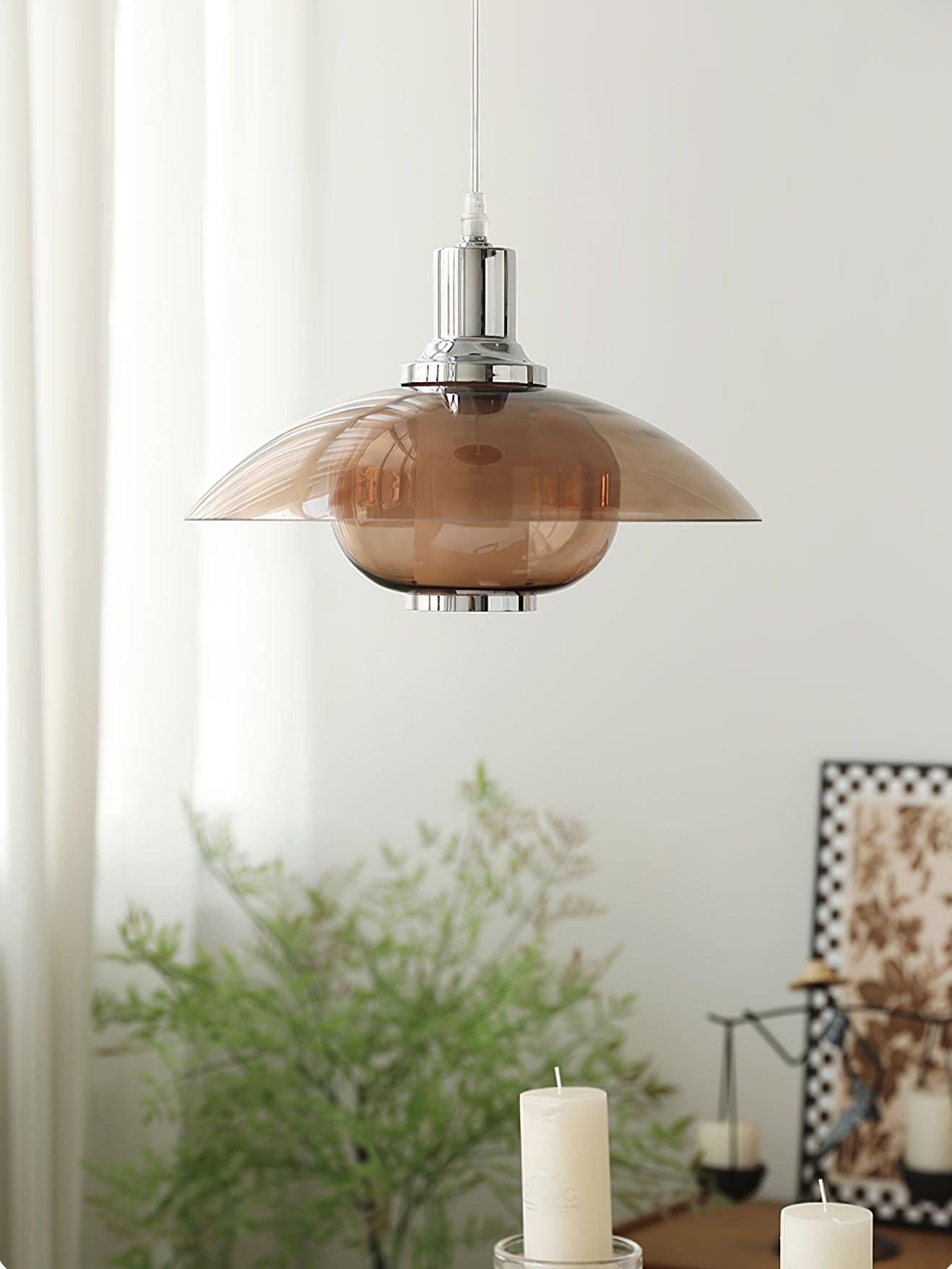 Modern Amber Glass Flying Saucer Chrome Pendant Light for Dining Room