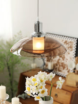 Modern Amber Glass Flying Saucer Chrome Pendant Light for Dining Room