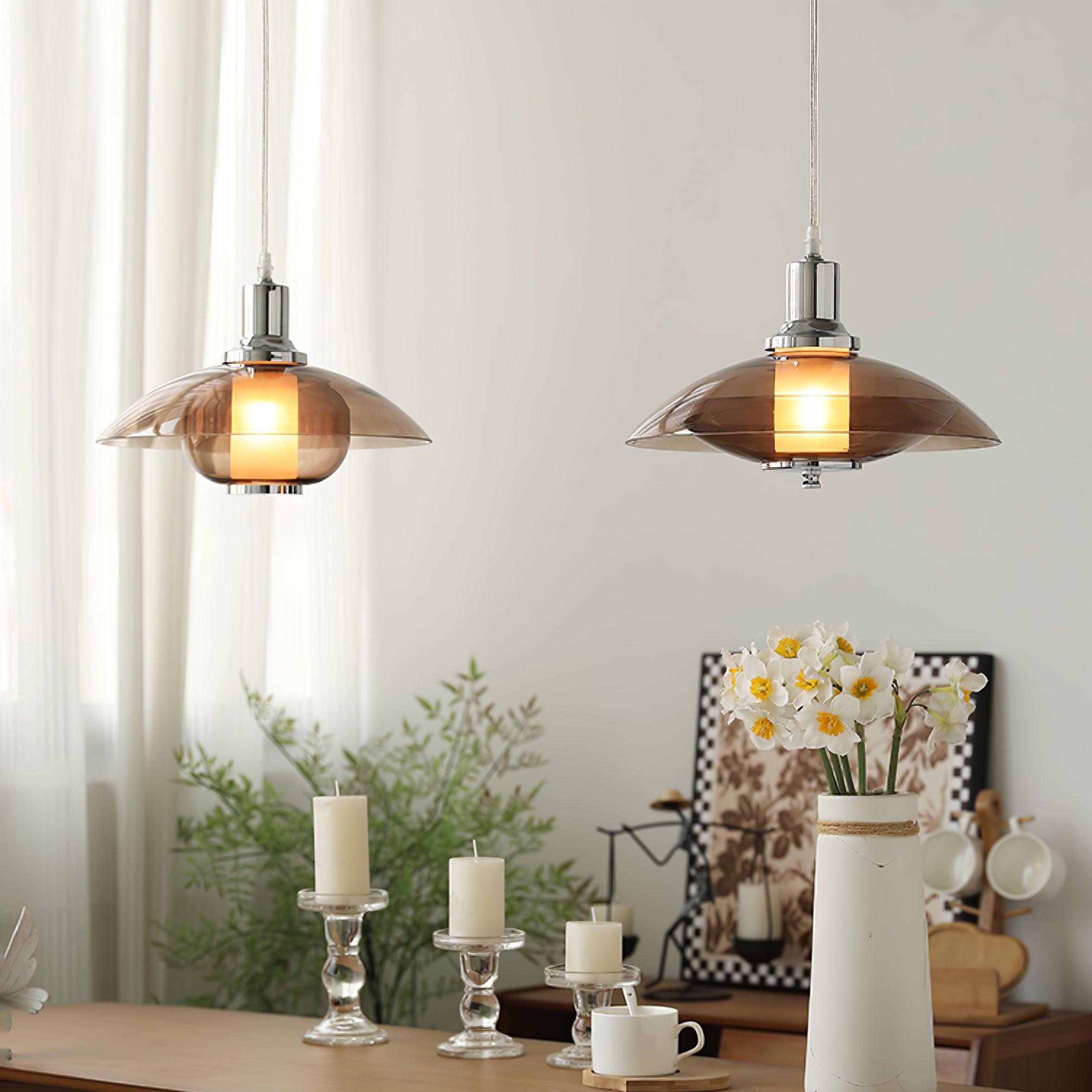 Modern Amber Glass Flying Saucer Chrome Pendant Light for Dining Room