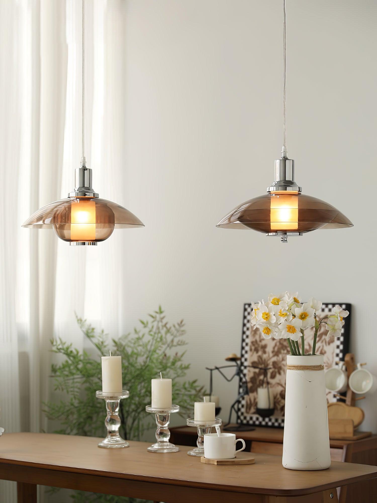 Modern Amber Glass Flying Saucer Chrome Pendant Light for Dining Room