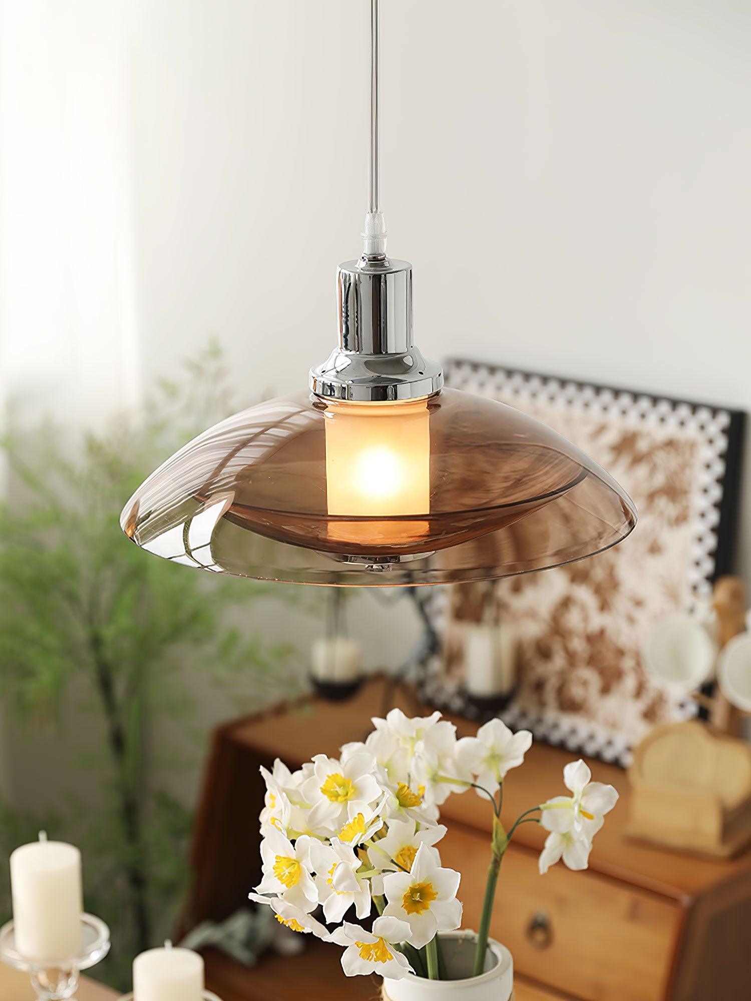 Modern Amber Glass Flying Saucer Chrome Pendant Light for Dining Room