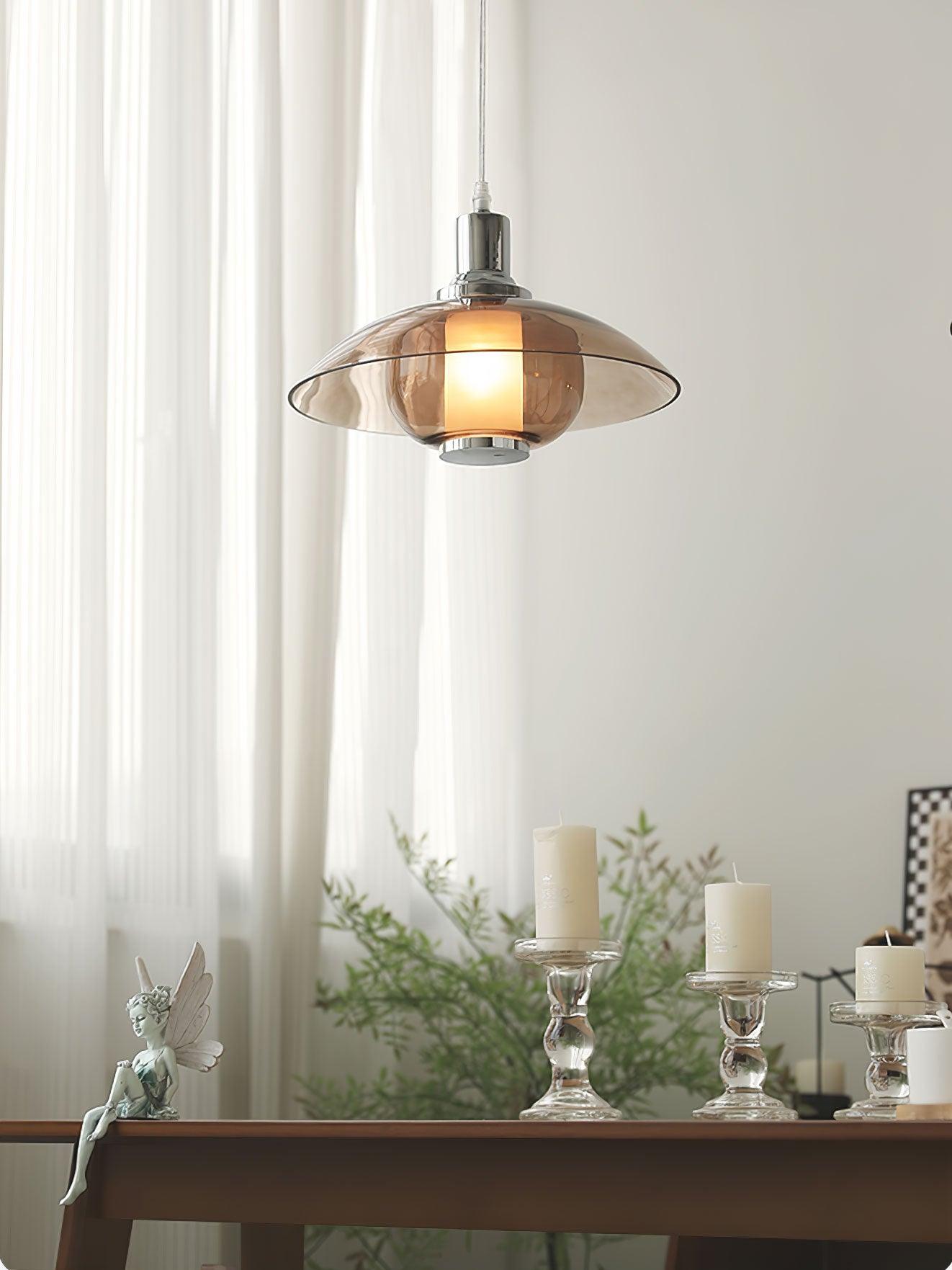 Modern Amber Glass Flying Saucer Chrome Pendant Light for Dining Room