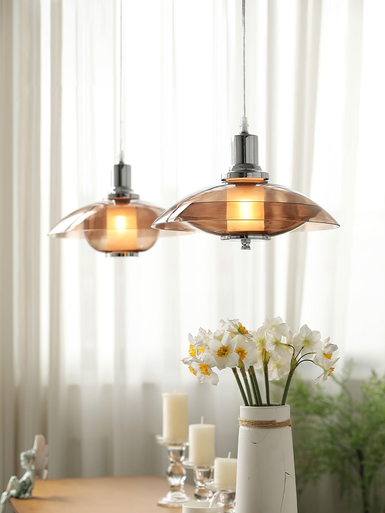 Modern Amber Glass Flying Saucer Chrome Pendant Light for Dining Room