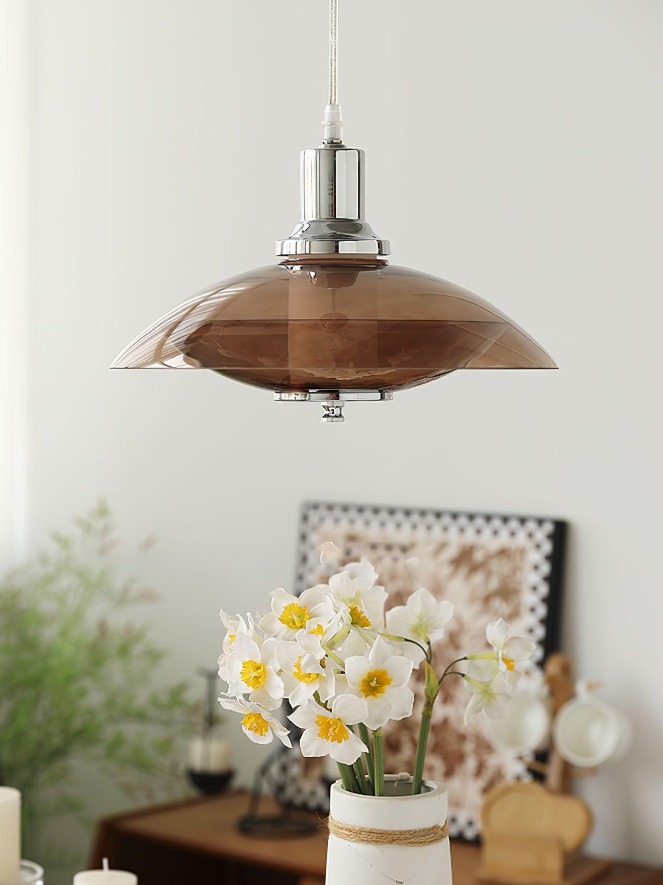 Modern Amber Glass Flying Saucer Chrome Pendant Light for Dining Room