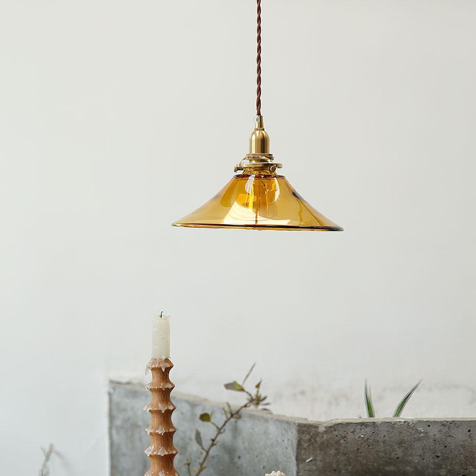 Modern Amber Glass Pendant Light with Brass Fixture for Living Room and Bedroom