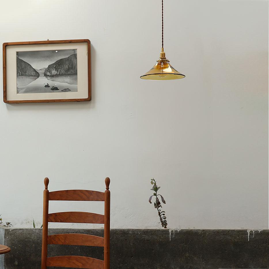 Modern Amber Glass Pendant Light with Brass Fixture for Living Room and Bedroom