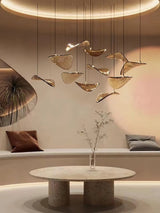 Modern Amber Glass Wave Floating Leaf Chandelier Elegant LED Hanging Ceiling Light