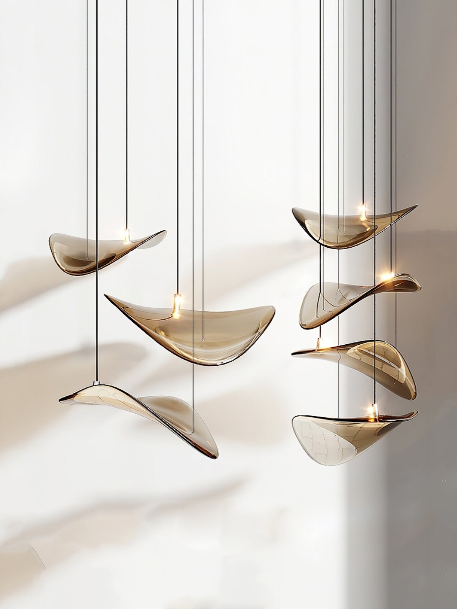 Modern Amber Glass Wave Floating Leaf Chandelier Elegant LED Hanging Ceiling Light