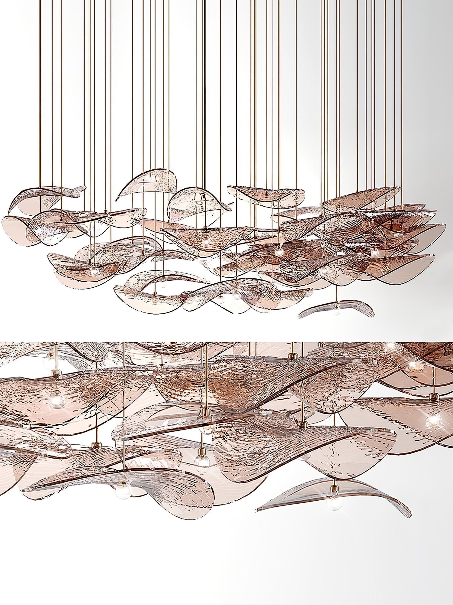 Modern Amber Glass Wave Floating Leaf Chandelier Elegant LED Hanging Ceiling Light
