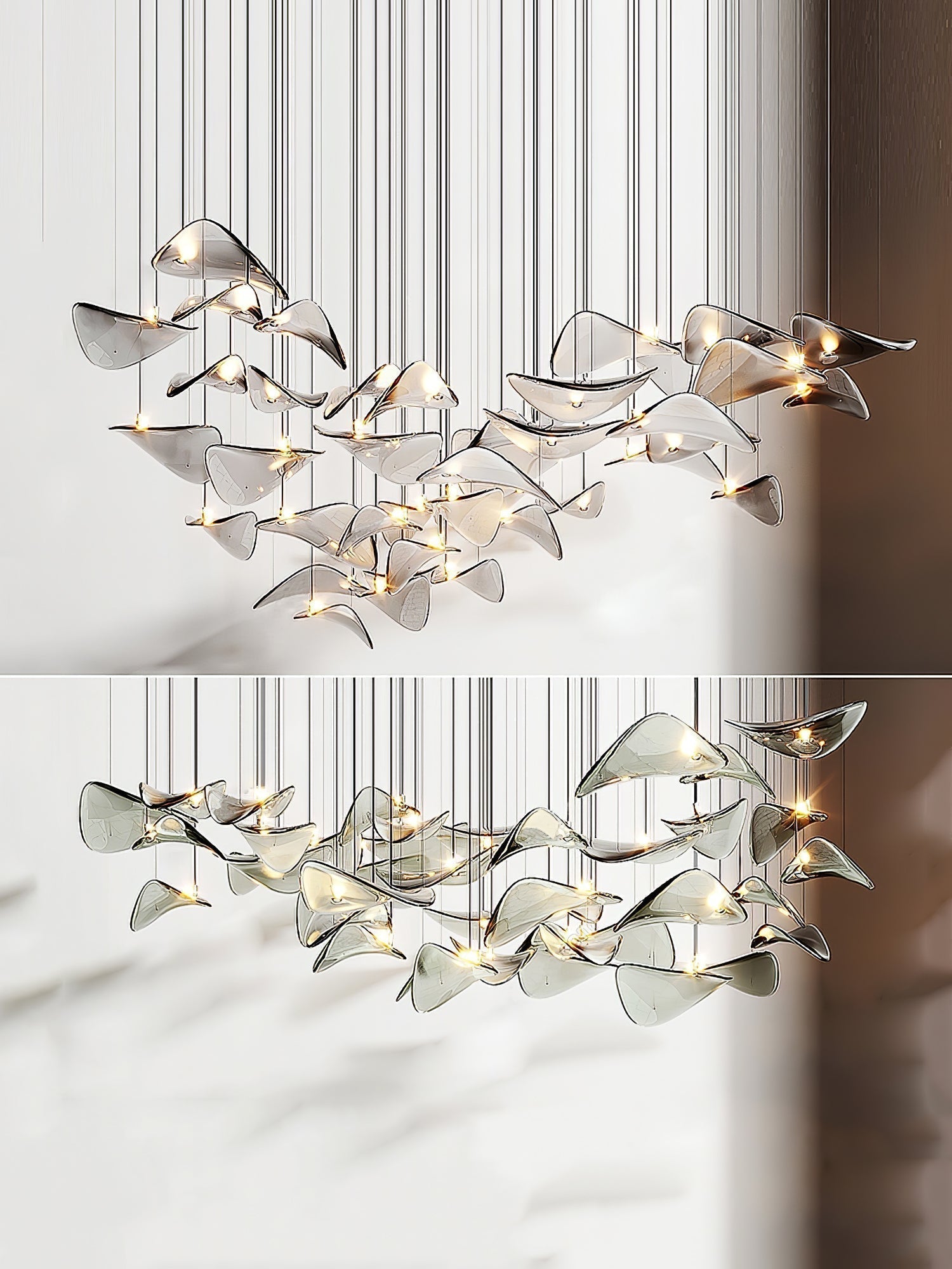 Modern Amber Glass Wave Floating Leaf Chandelier Elegant LED Hanging Ceiling Light