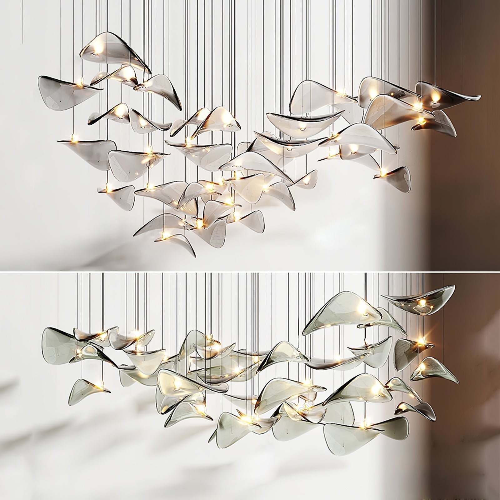 Modern Amber Glass Wave Floating Leaf Chandelier Elegant LED Hanging Ceiling Light