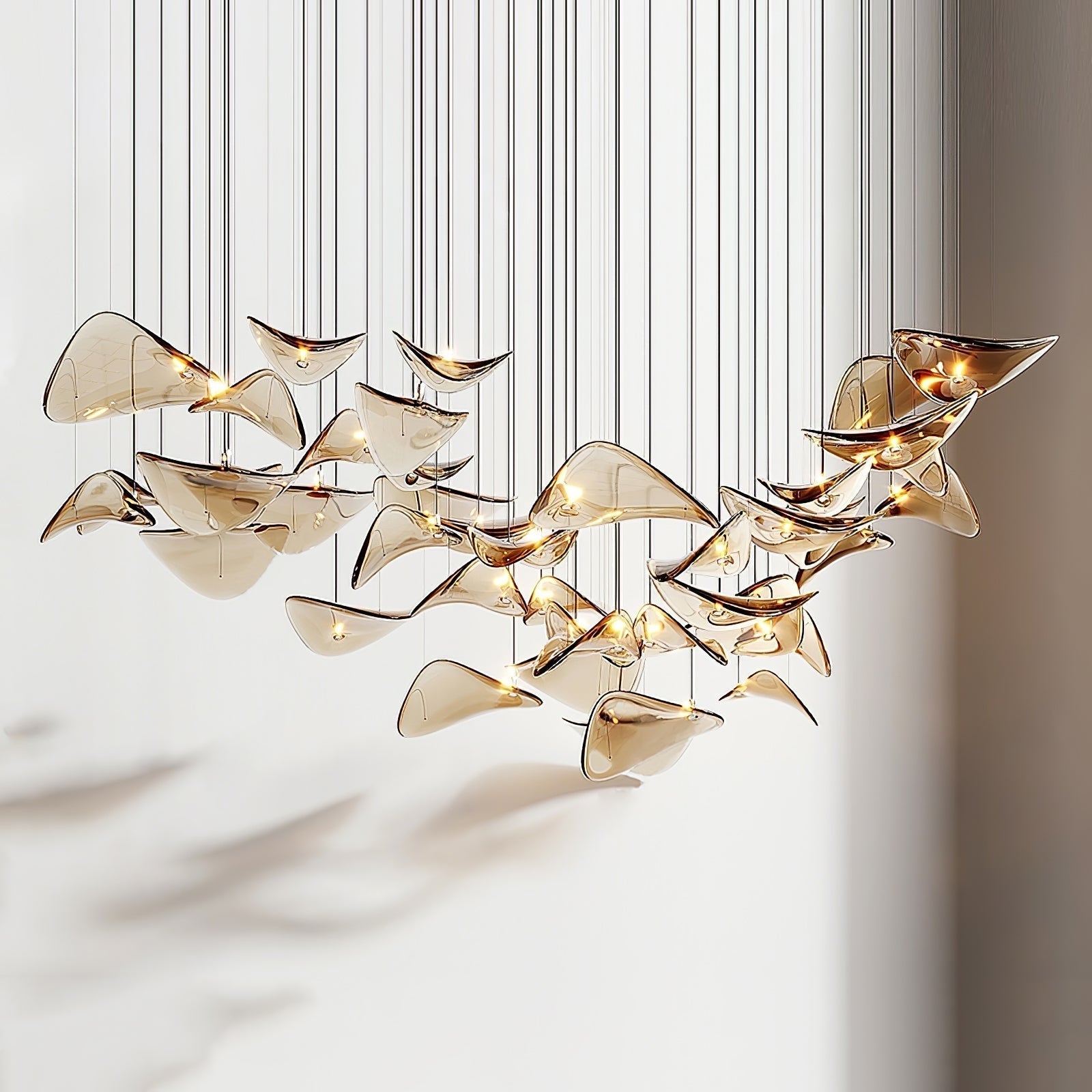 Modern Amber Glass Wave Floating Leaf Chandelier Elegant LED Hanging Ceiling Light