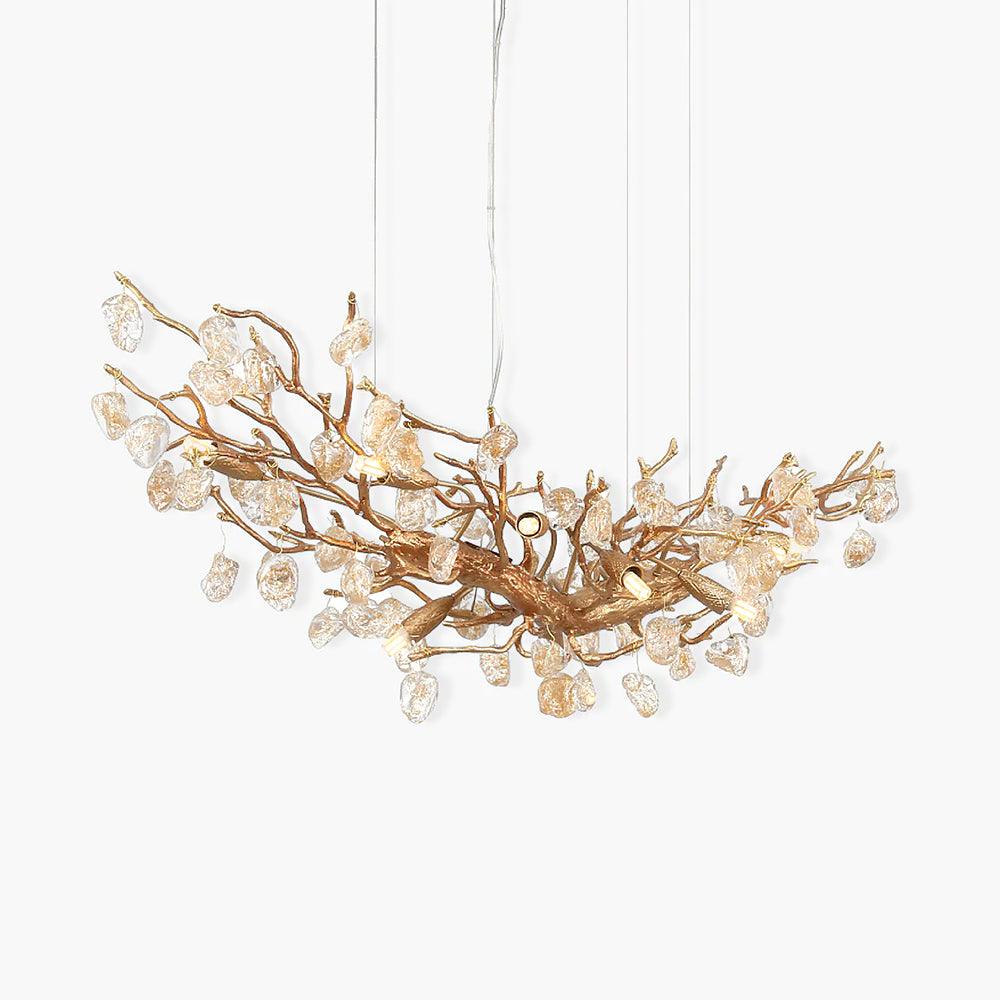 Modern Amber Stone Crystal Branch Chandelier in Genuine Brass Finish