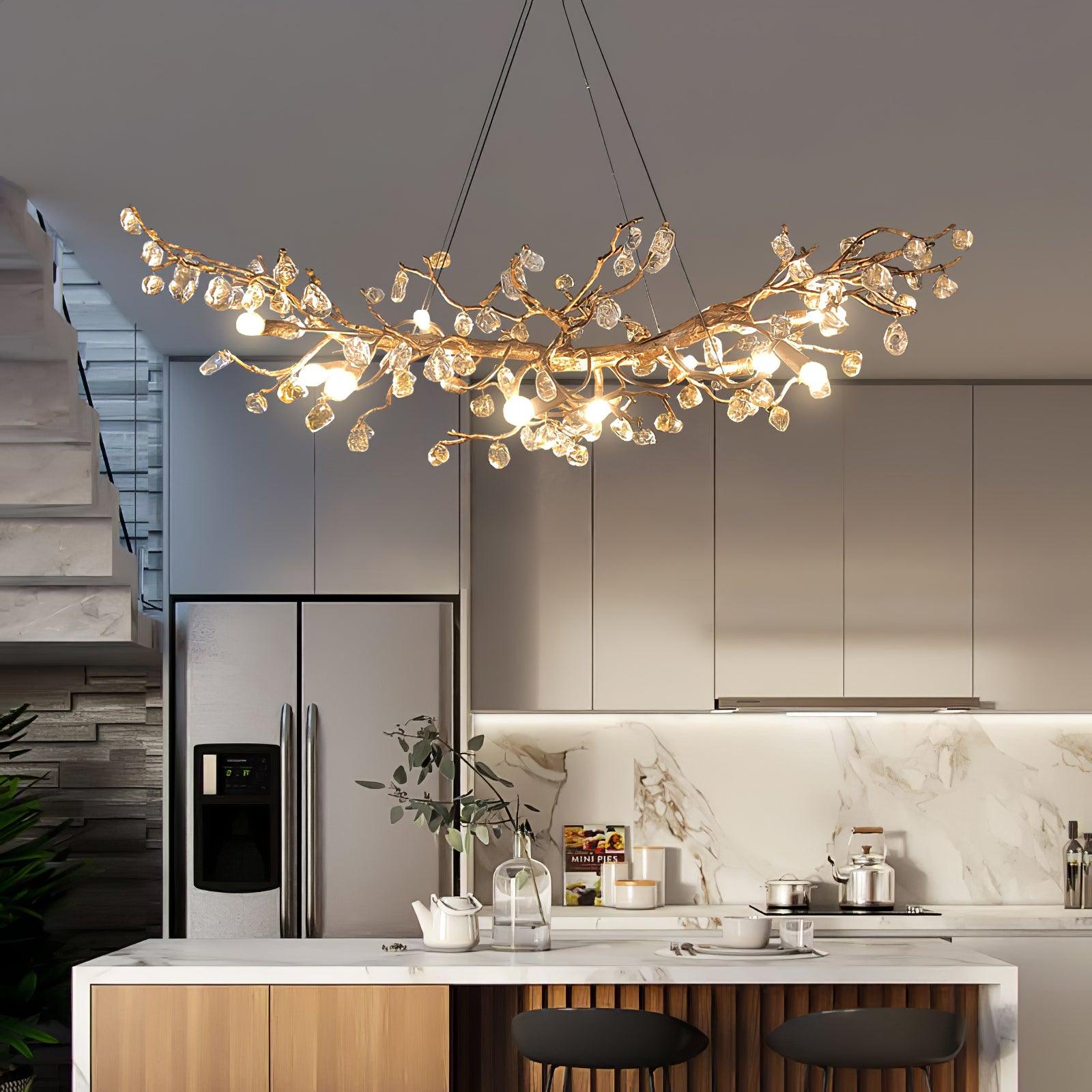 Modern Amber Stone Crystal Branch Chandelier in Genuine Brass Finish