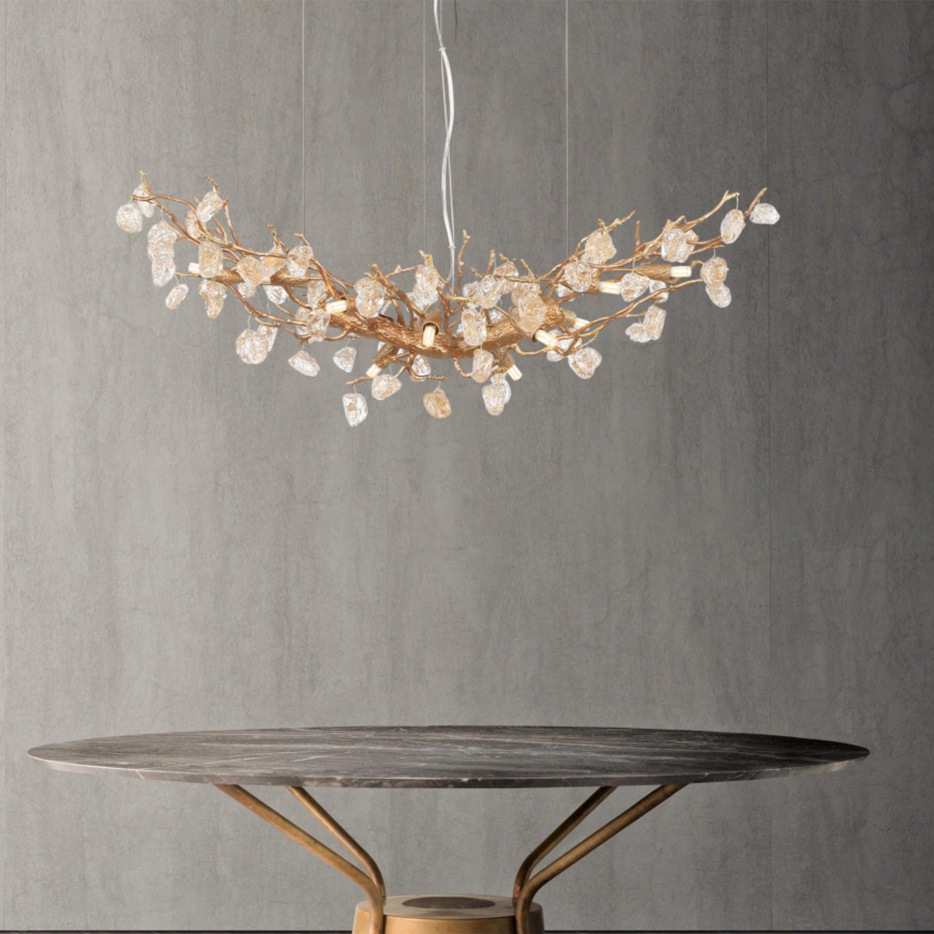 Modern Amber Stone Crystal Branch Chandelier in Genuine Brass Finish