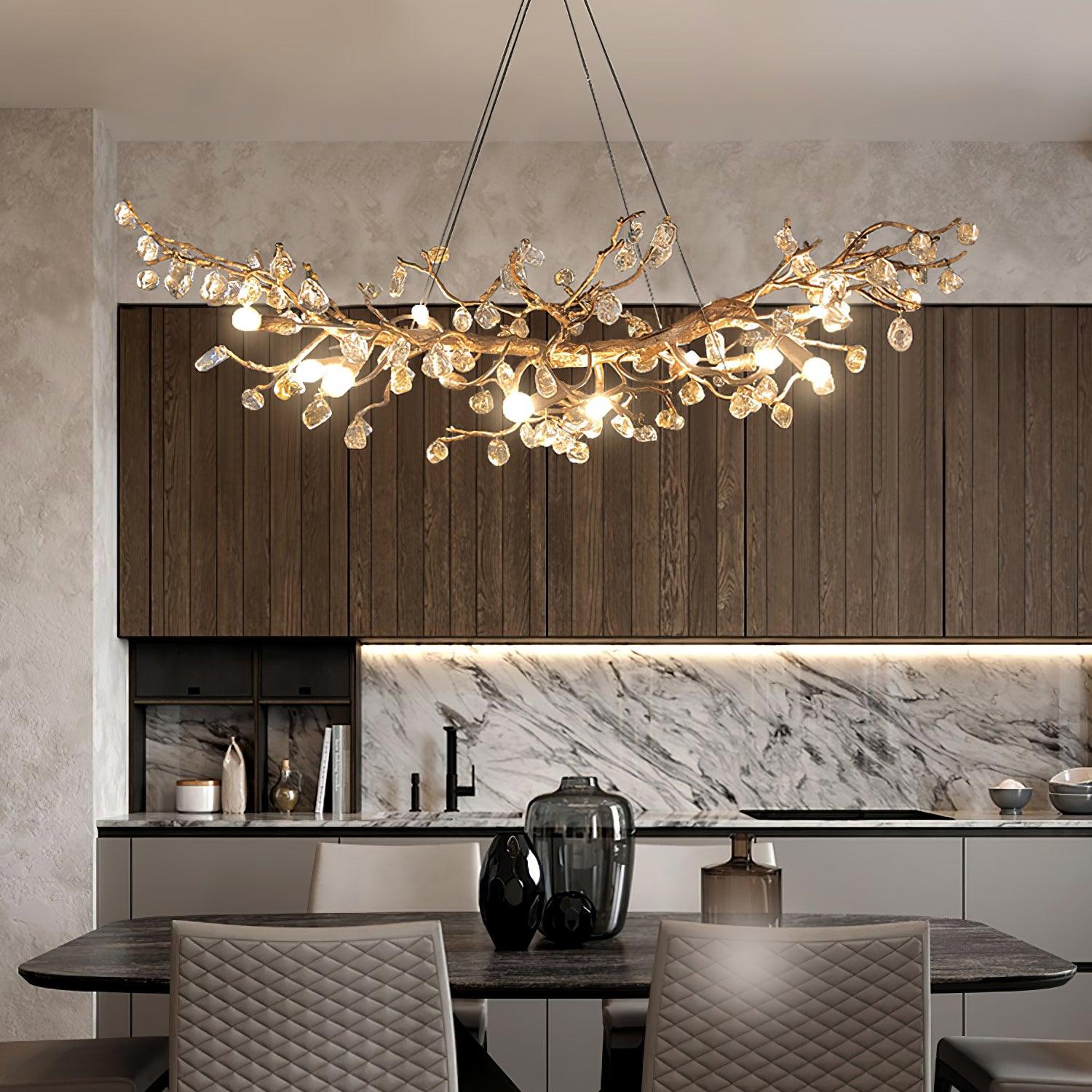 Modern Amber Stone Crystal Branch Chandelier in Genuine Brass Finish