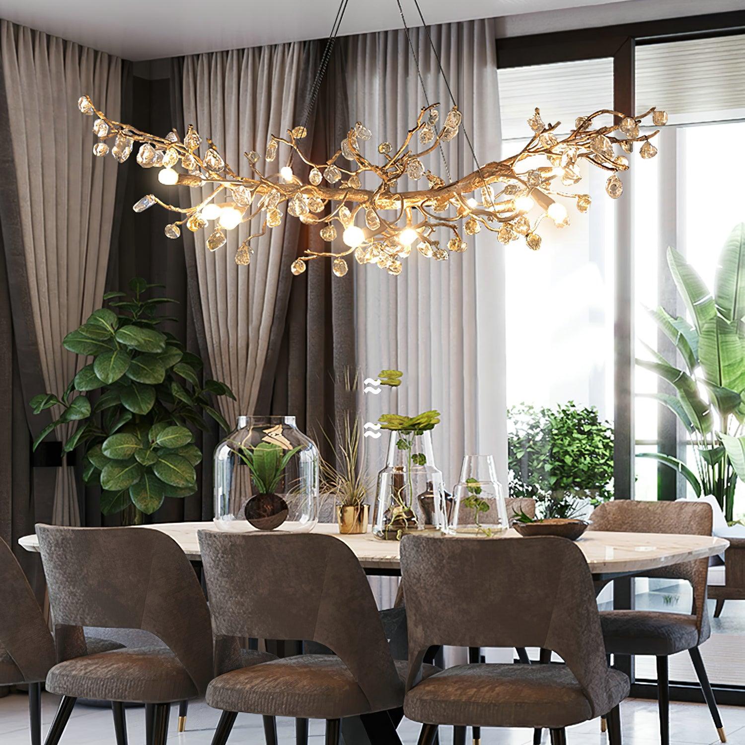 Modern Amber Stone Crystal Branch Chandelier in Genuine Brass Finish